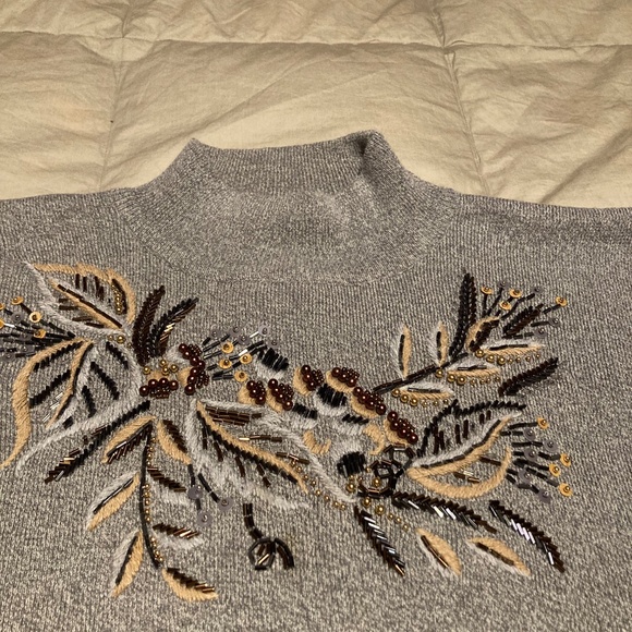 Hand-Beaded Gray/Tan Beautiful, Mock-neck, Long-sleeves, Soft Sweater - Picture 7 of 9